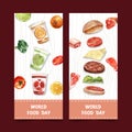 World food day flyer design with pumpkin, broccoli, hamburger watercolor isolated illustration