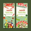 World food day flyer design with salad, seafood watercolor illustration