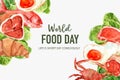 World food day Frame design with fried egg, crab, butterhead, croissant watercolor illustration
