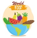 World food day, fruits vegetables bread in bowl, healthy lifestyle meal