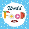 World food day, healthy lifestyle lettering fruit donut egg banner