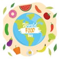 World food day, healthy lifestyle meal planet vegetables fruits icons poster Royalty Free Stock Photo