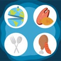 World food day, healthy lifestyle meat chicken sausage fork spoon icons