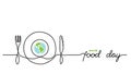 World food day holiday concept with earth or globe and plate, knife and fork. Single line art with text Food Day Royalty Free Stock Photo