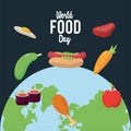 World food day lettering poster with earth planet and nutritive food