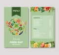World food day menu design with broccoli, beetroot, eggplant watercolor illustration