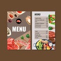 World food day menu design with meat, mussels, salad, beef steak watercolor illustration