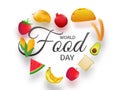 World Food Day text with fruits, taco, bread, corn and wheat decorated on white background.