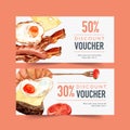 World food day voucher design with fried egg, croissant, sausage, bacon watercolor illustration Royalty Free Stock Photo