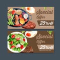 World food day voucher design with fried egg, salad, mushroom, beef steak watercolor illustration