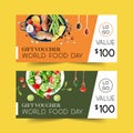 World food day voucher design with salad, mushroom, peas, cucumber watercolor illustration