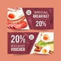 World food day voucher design with sausage, fried egg, ham, bacon watercolor illustration Royalty Free Stock Photo