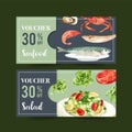 World food day voucher design with shrimp, fish, crab, butterhead, tomato watercolor illustration