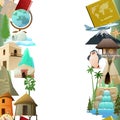 World geography seamless vertical frame. Cartoon style. Travel items and plants trees of climatic zones. Dwellings of