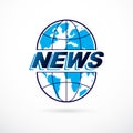 World and global news concept, vector emblem of blue Earth divided with meridians and composed Royalty Free Stock Photo