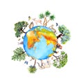 World globe with animals, birds, insects giraffe, cheetah, elephant and other, green trees around. Earth planet with zoo