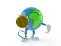 World globe character with golden medal