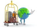 World globe character with hotel luggage cart