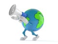 World globe character speaking through a megaphone