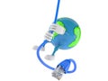 World globe character swinging on network cable