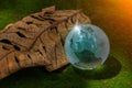 World globe crystal glass on dry leaf on green moss and reflect shine sun. World environment day. Global business for sustainable Royalty Free Stock Photo