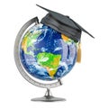 World Globe with graduate cap. Global education concept, 3D rendering