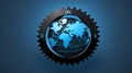 World Globe Inside Gear on Blue Background Royalty Free Stock Photo