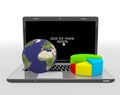 World globe, map and 3d pie chart on a laptop Royalty Free Stock Photo