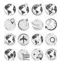 World globe map icons set travel connection shopping and location Royalty Free Stock Photo