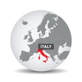 World globe map with the identication of Italy.