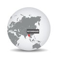 World globe map with the identication of Myanmar.