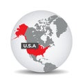 World globe map with the identication of U.S.A.