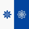 World, Globe, Setting, Technical Line and Glyph Solid icon Blue banner Line and Glyph Solid icon Blue banner