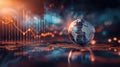 the world globe stands in front of a line graph and chart Royalty Free Stock Photo