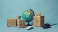 A world globe surrounded by parcel packages and a computer mouse, depicting online shopping and international delivery Royalty Free Stock Photo