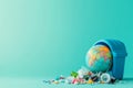 World Globe in Trashcan Amidst Scattered Plastic Waste on Light Blue Background Studio Shot Royalty Free Stock Photo