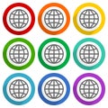 World, globe vector icons, set of colorful flat design buttons for webdesign and mobile applications Royalty Free Stock Photo