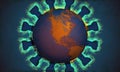 World Globe In Virus Symbol on Fire in Grunge Pandemic Background Graphic