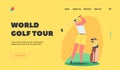 World Golf Tour Landing Page Template. Golfer Girl Training before Competition, Sporty Female Character Hit Long Shot