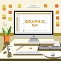 World graphic day, illustrating the atmosphere of a design place with a PC