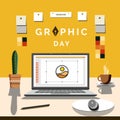 World graphic day, illustrating the atmosphere of a place to design with laptops and other equipment with a boho design theme