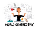 World Graphics Day. Greeting card. Girl designer creates graphic masterpieces at the computer