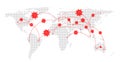 World halftone map with red covid-19 icons and arrows Royalty Free Stock Photo