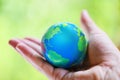 The world in the hand with nature background / hand holding globe with map and environment green planet save the earth Royalty Free Stock Photo