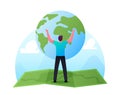 World in Hands Concept. Male Character Stand on Huge Green Map Holding Earth Globe. Ecology Conservation, Earth Day Royalty Free Stock Photo