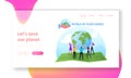 World in Hands Landing Page Template. Characters Stand in Circle on Huge Map Holding Earth Globe. Ecology Conservation Royalty Free Stock Photo