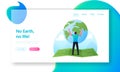 World in Hands Landing Page Template. Male Character Stand on Huge Green Map Holding Earth Globe. Ecology Conservation Royalty Free Stock Photo