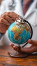 World health connection Doctor uses stethoscope on a globe conceptually