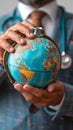 World health connection Doctor uses stethoscope on a globe conceptually Royalty Free Stock Photo