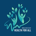 World health day, Health for all - Text and green gradient humans hand raised with leaf tree and line heart wave around sign on Royalty Free Stock Photo